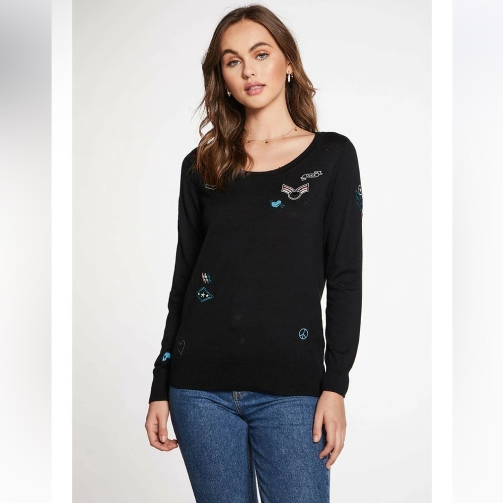 NWT Chaser Love And Peace Badges Cotton/Cashmere Crewneck Sweater Pullover S